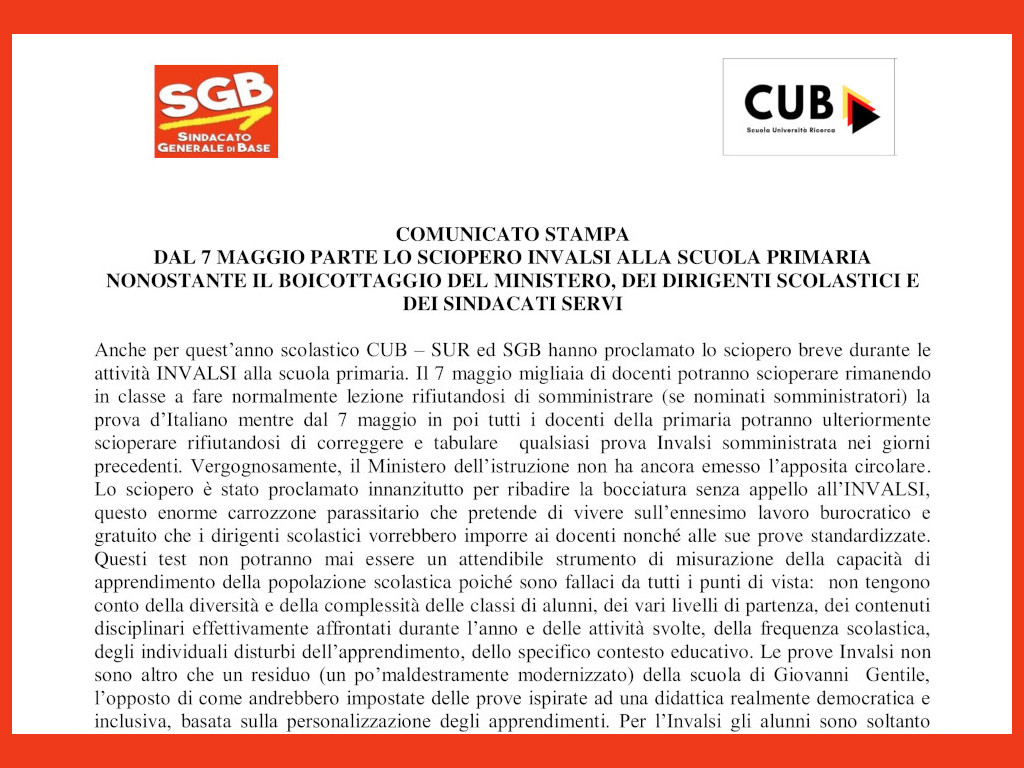 SCIOPERO INVALSI ORARIO 25 CUB SUR SGB 